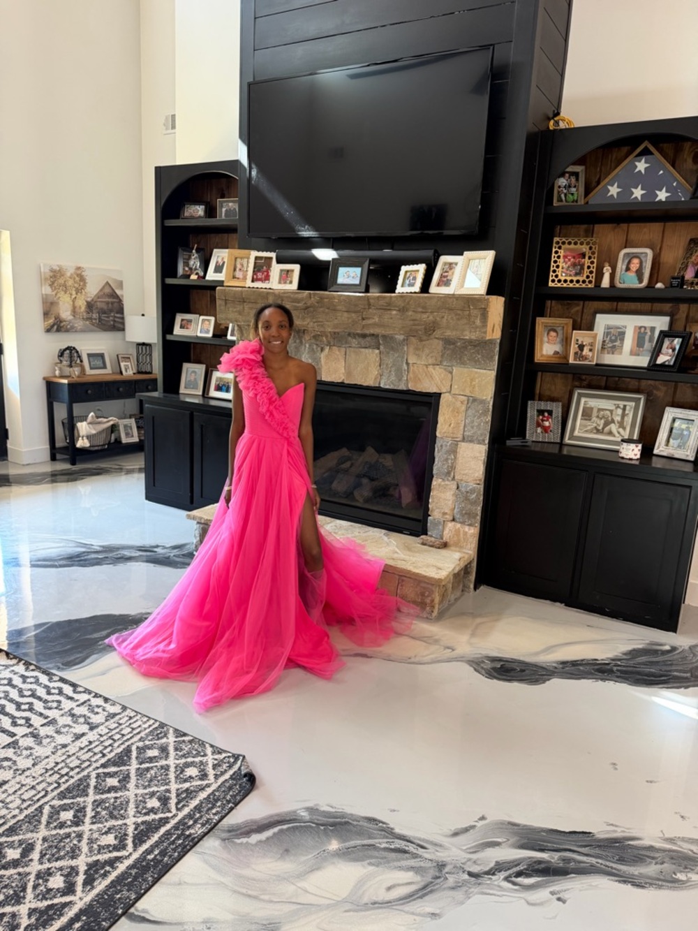 JVN by Jovani Hot Pink One-Shoulder Tulle Ball Gown